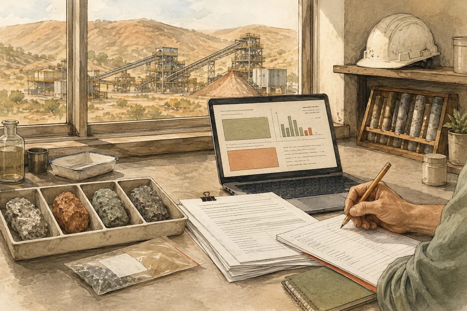 Illustration of an engineer reviewing laboratory reports beside mineral samples and a processing plant.